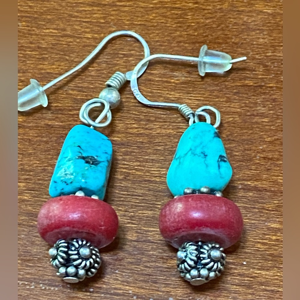 Sterling, Turquoise and coral Beaded Earrings